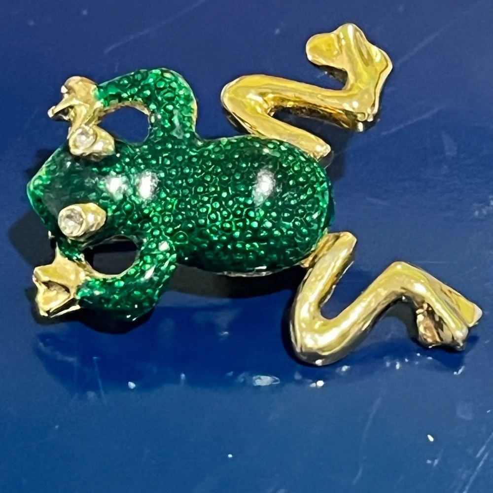 Frog Brooch Pin Green Enamel Gold Jeweled Articulated Vintage Costume Jewelry